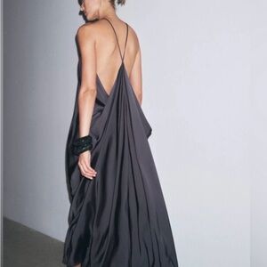 Zara elegant draped back silk maxi dress, navy (s)